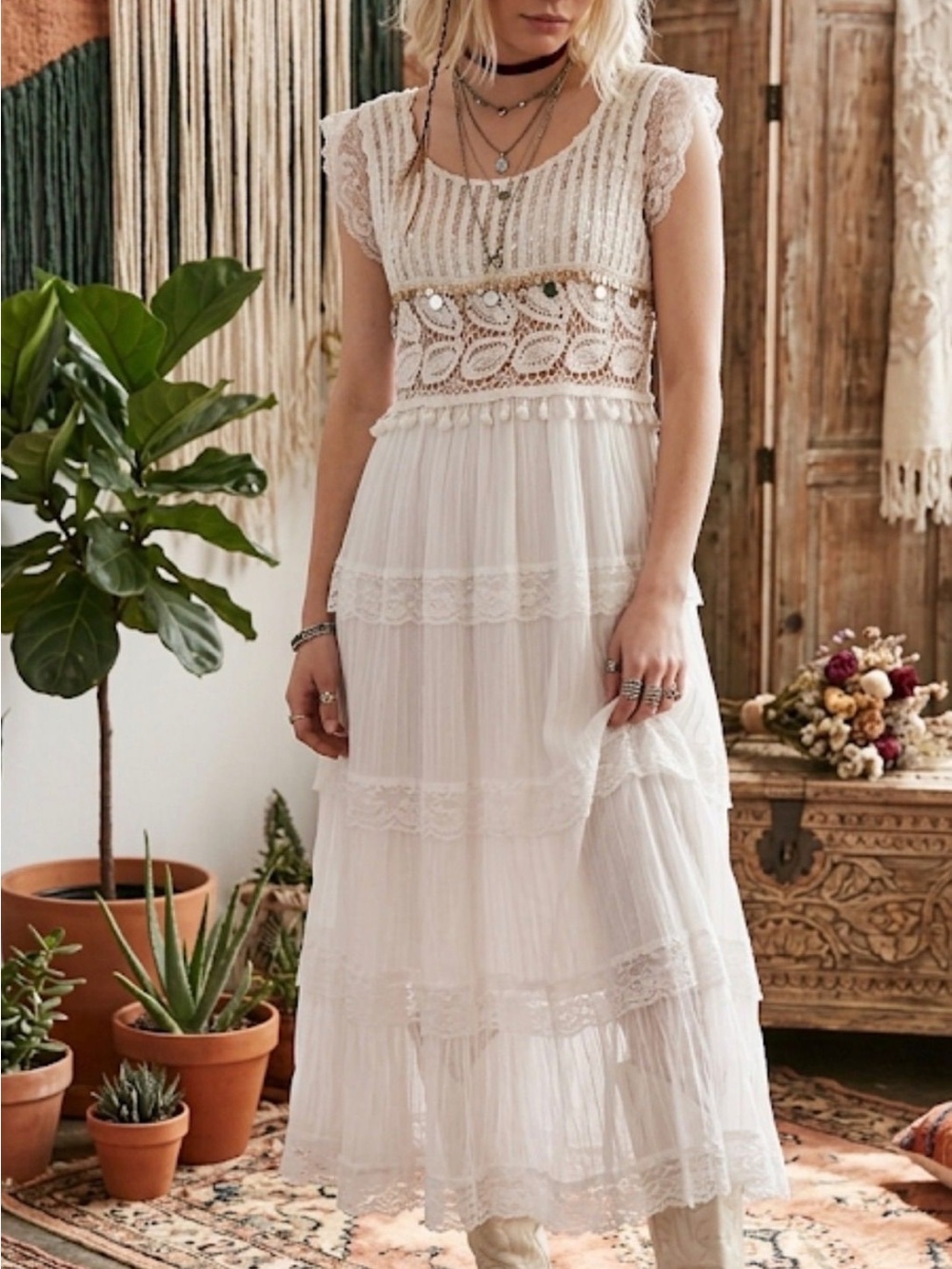 POL Cream Lace Tiered Maxi Dress